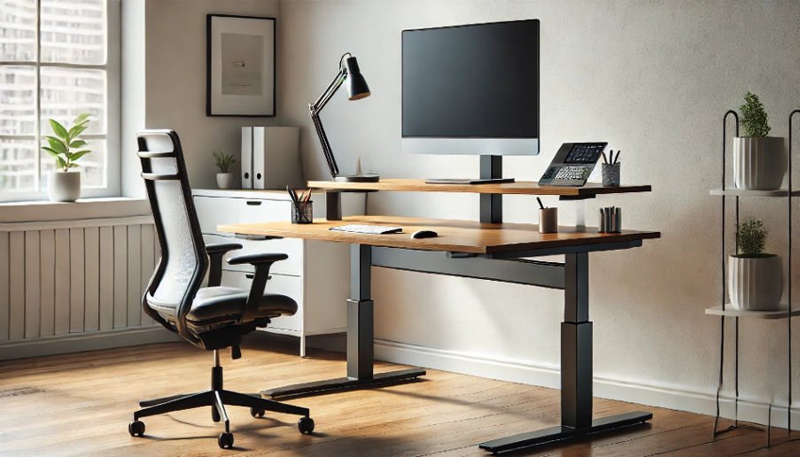 Modern home office setup with a height-adjustable desk, ergonomic chair, large monitor, and desk lamp.