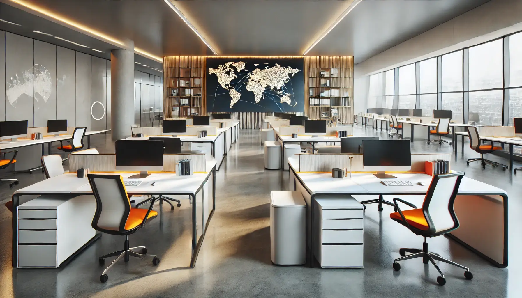 A modern office space featuring sleek modular workstations in a bright environment with large windows. The desks have minimalist designs, with white .