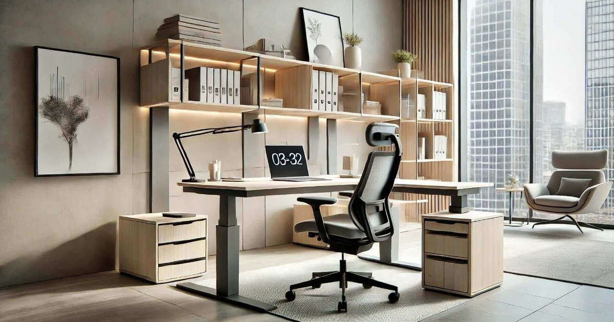 A modern, sleek office with a standing desk, ergonomic chair, and well-organized shelving. The space features natural light, minimalist design, and floor-to-ceiling windows overlooking a cityscape.