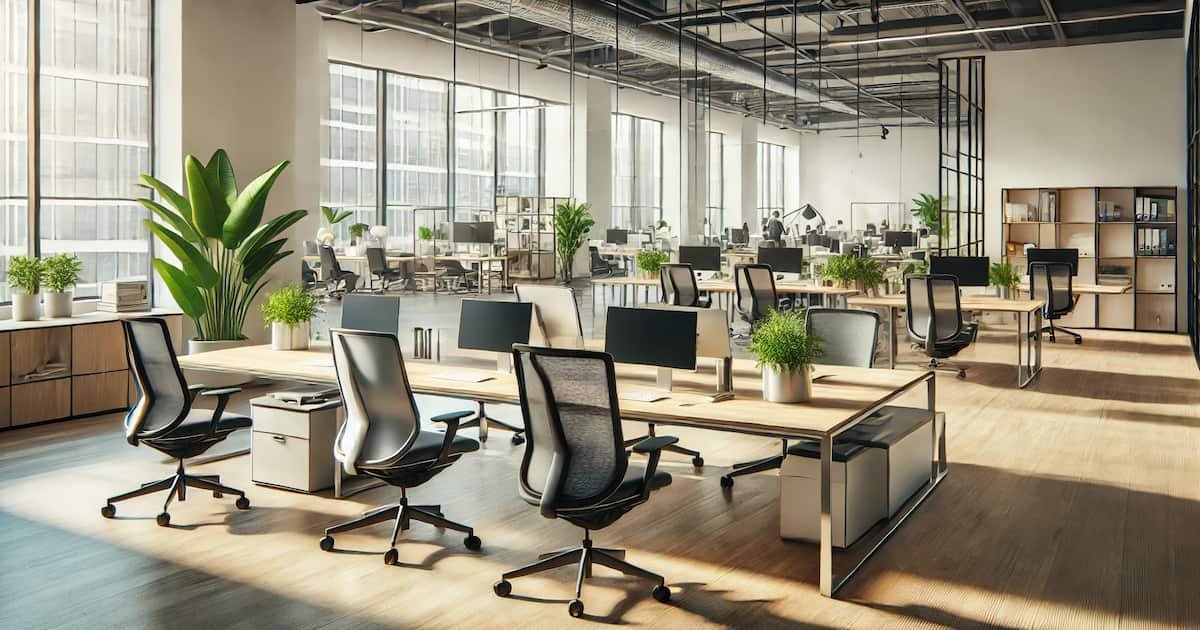 A bright open-plan office with ergonomic furniture, green plants, and natural light streaming through large windows, featuring collaborative areas and individual workspaces.