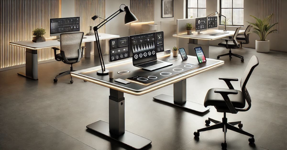 A modern office setup featuring a tech-enabled desk with built-in wireless charging, USB ports, and height-adjustable settings, organized with a laptop, tablet, smartphone, and minimalistic accessories.