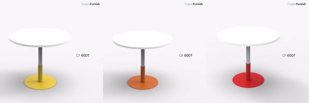 Three modern round tables from Fusion Furnish's CF 60DT series, featuring vibrant bases in yellow, orange, and red, designed for cafeteria or casual spaces.