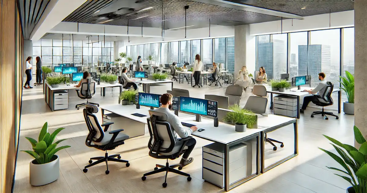 Bright modern office with ergonomic desks, chairs, and employees working in a collaborative environment.