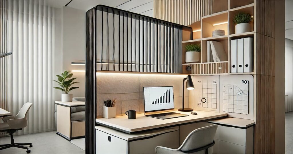 Modern modular workstation with a privacy screen, whiteboard, wire management system, and organized desk accessories like a laptop, coffee mug, and potted plant.