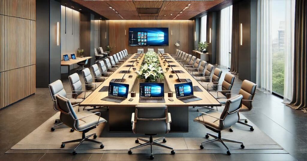 Modern conference room with a modular table, symmetrical laptops, ergonomic chairs, and a sleek floral centerpiece for a professional setting.