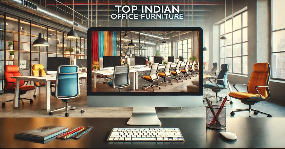 Modern office space featuring colorful ergonomic chairs, modular desks, and collaborative workstations, with the text 'Top Indian Office Furniture' displayed above.