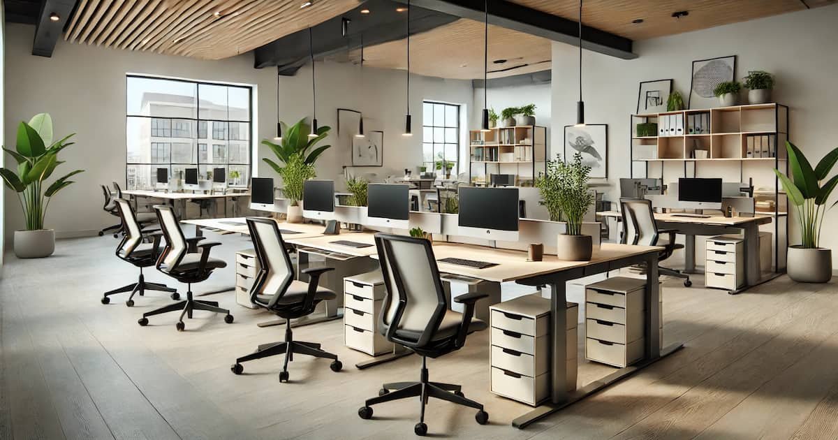 A modern office with modular desks, ergonomic chairs, monitors, indoor plants, and biophilic design elements, creating a bright and collaborative environment.