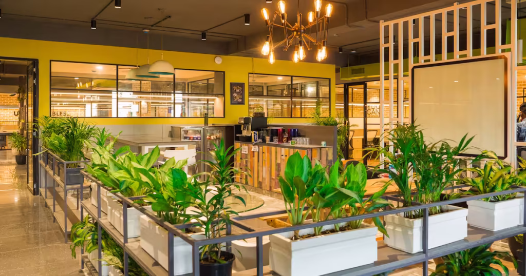 Fusion Furnish modular desks with built‑in planters showing biophilic premium office furniture in an open workspace.