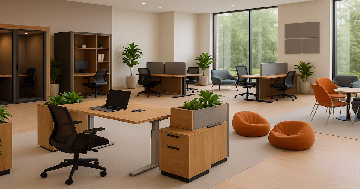 Modern biophilic office with wooden workstations, integrated planters, and green moss wall for enhanced well-being.