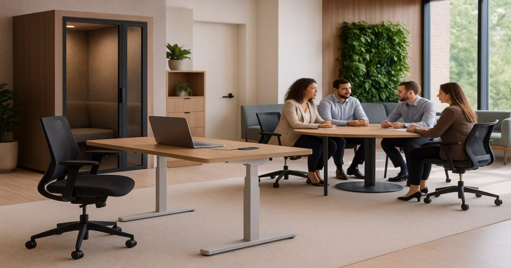 Collaborative office space with planter-integrated desks, hanging plants, and soft lighting enhancing workplace comfort.