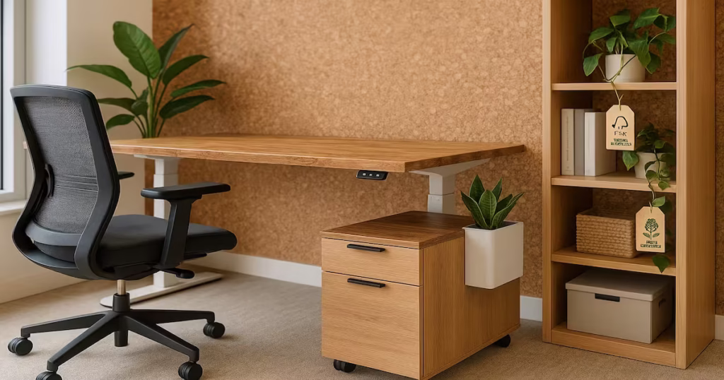Sustainable office featuring ergonomic desk and chair, natural wooden textures, and plants promoting a green environment.