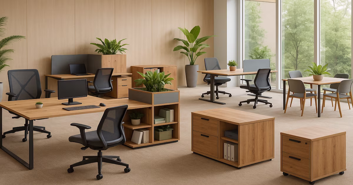 Modern sustainable office with ergonomic desks, comfortable chairs, and greenery for a positive work environment.