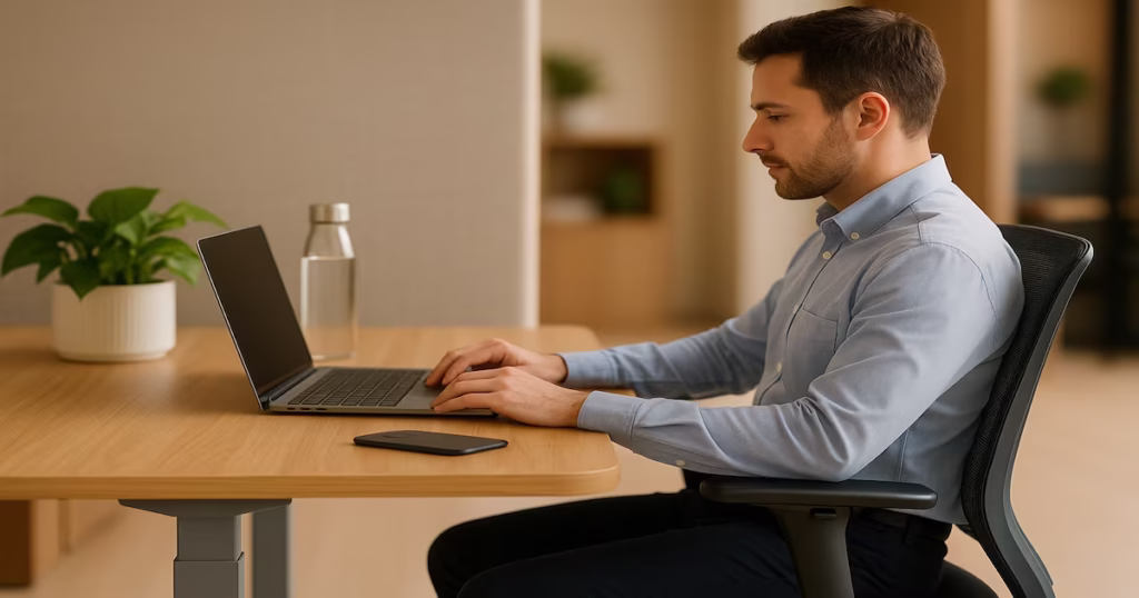 Man working at a wooden desk on a laptop in an ergonomic chair with a water bottle and indoor plant.