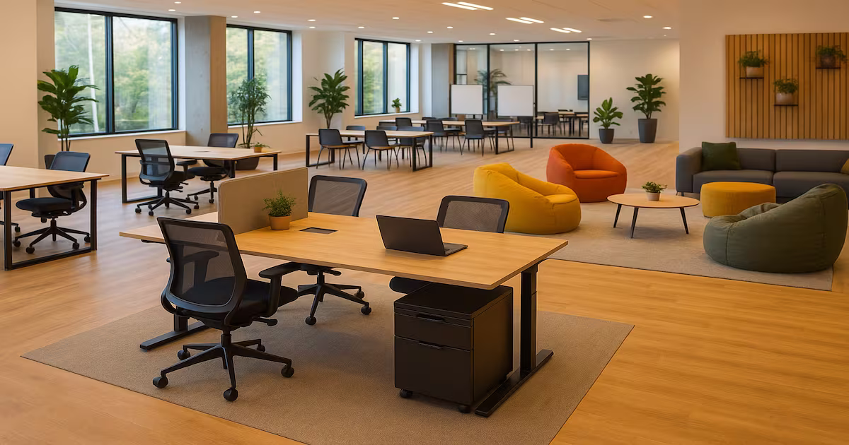Modern open office space with modular workstations and ergonomic chairs ideal for startups.