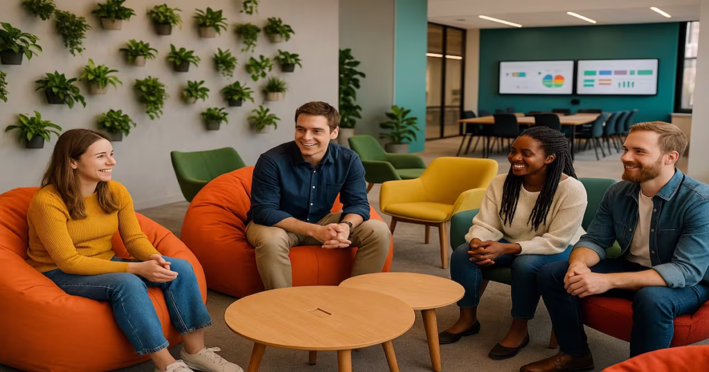 Team collaborating in a vibrant office lounge with colorful seating and modern décor