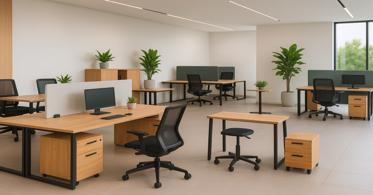 Sustainable office furniture in India with planter shelves, ergonomic chairs, and natural light in a modern biophilic workspace.