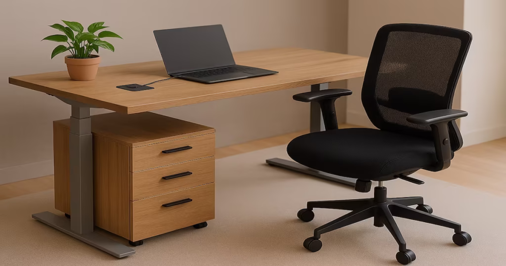 Ergonomic black mesh chair next to a wooden home office desk with three drawers and a laptop.