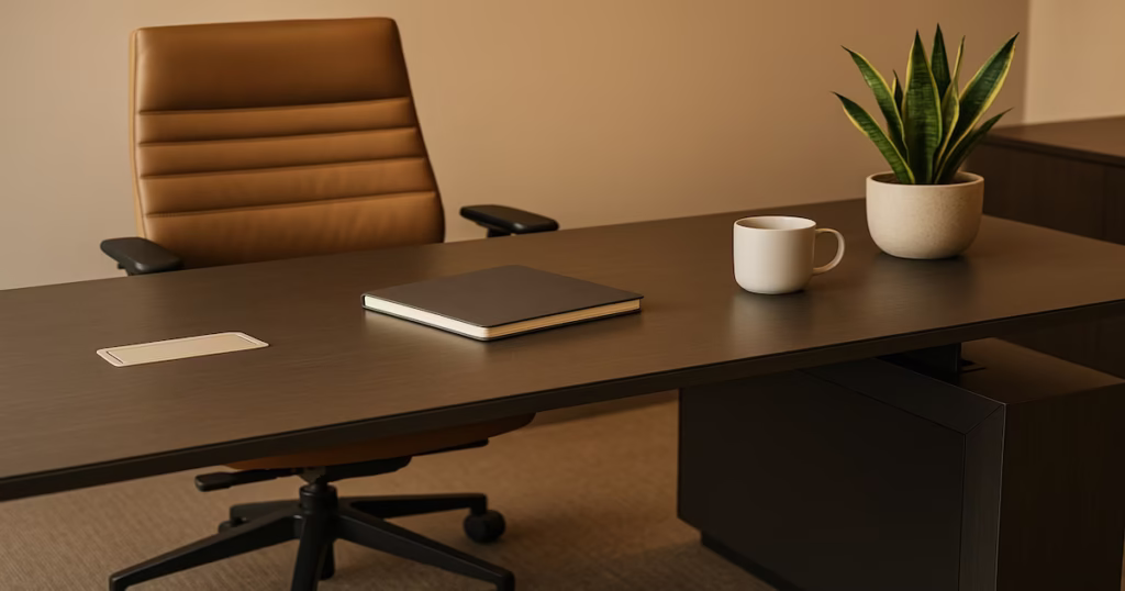 Minimalist executive desk with a brown leather office chair, closed notebook, white coffee mug, and potted snake plant.