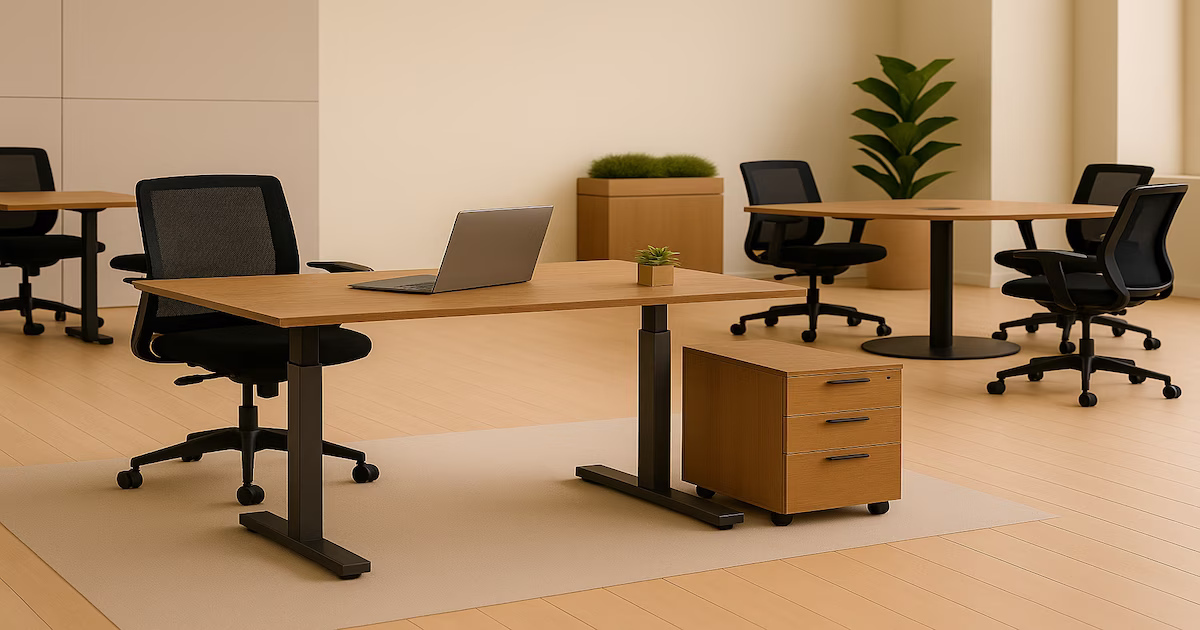 Contemporary open office with wooden desks, ergonomic black chairs, and indoor plants.